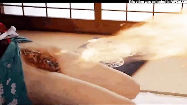 Asian woman fire play fetish on nude body in JAV scene
