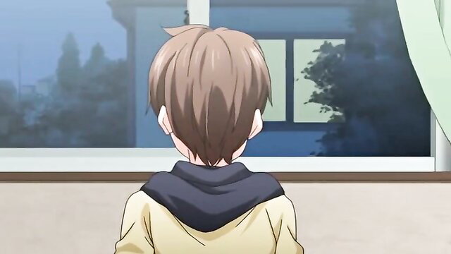 Young anime boy in hoodie gazing out rainy window in Toshi Densetsu hentai