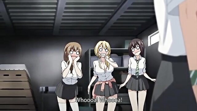 Blonde and brunette anime girls teasing in uniforms, virgin act hentai scene