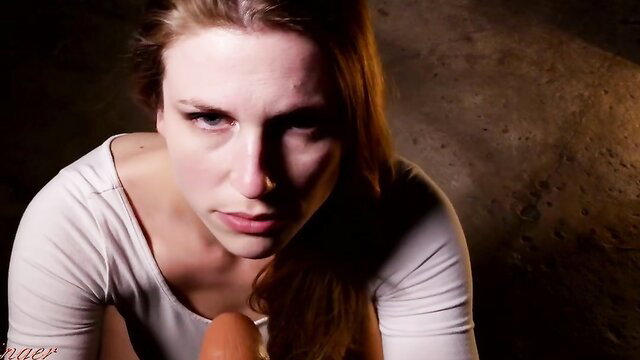 Xev Bellringer milf thief sucks cock closeup in dim light