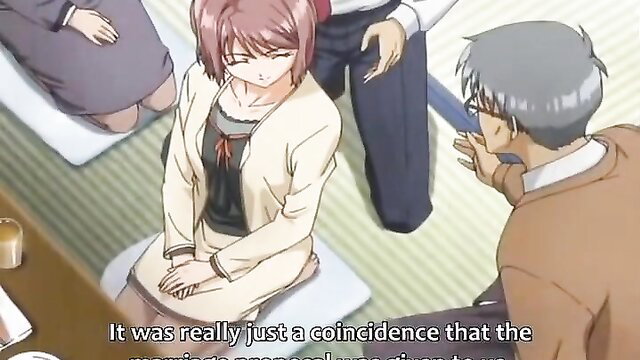 Asian office lady in cardigan sits with suited men in JAV hentai scene
