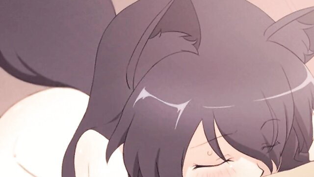 Cute anime catgirl with black ears and tail sleeping nude on bed