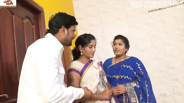 Desi Telugu sisters Pavitra & Bargavi in sarees with old boss