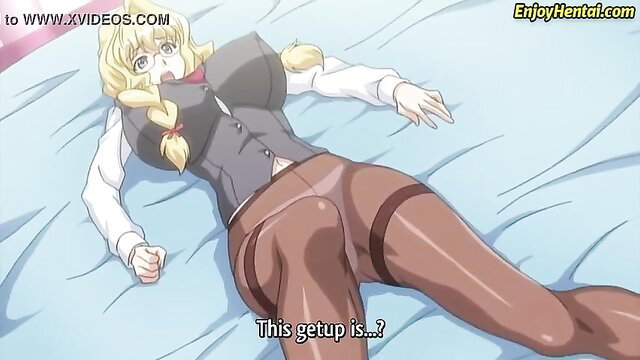 Blonde hentai babe in sexy vest, stockings, big tits and ass on bed