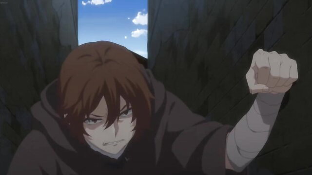 Kaifuku Jutsushi no Yarinaoshi hentai guy in hood fist raised intense anime scene