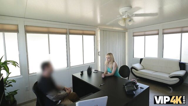 Blonde Lassie in tight top at desk with man, VIP4K rent sex