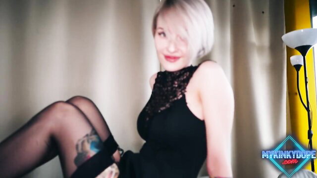 MyKinkyDope blonde secretary in black lace dress and stockings