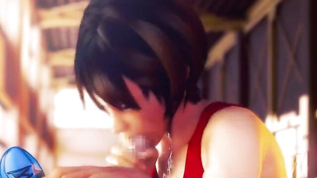 Rena Senpai sucking blue baton in tight red tank top, anime style