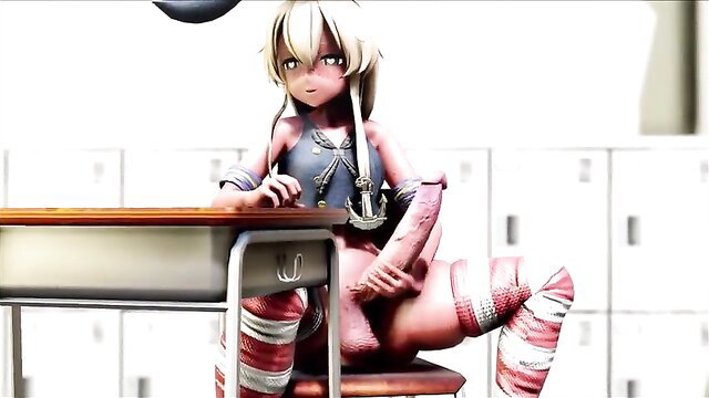 Blonde futa anime girl in stockings sits at desk exposing huge cock