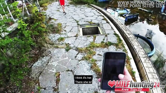 Julia Exclusiv stalked by Milf Hunter outdoors in red dress