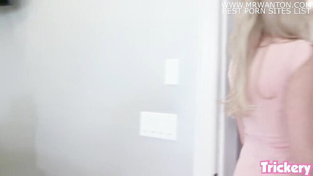 Brandi Love in tight pink dress, blonde MILF back view from Trickery