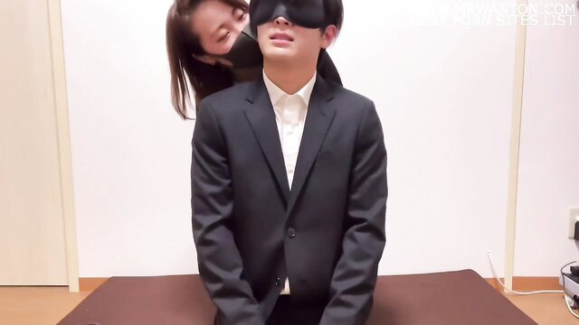 Emuyumi Couple: Japanese OL cosplay dominatrix blindfolds suited M-male for tease
