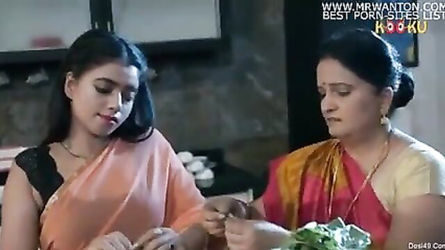 Indian mom daughter duo in sheer sarees kitchen tease