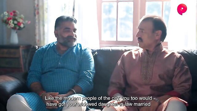 Indian men in kurtas discuss widow daughter-in-law marriage