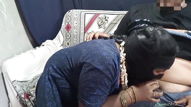 Sumithra Akka in blue saree gropes milf tits, Tamil seduction