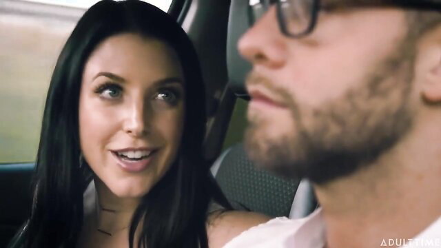 Shameless MILF with black hair smiles at bearded man in car sex scene
