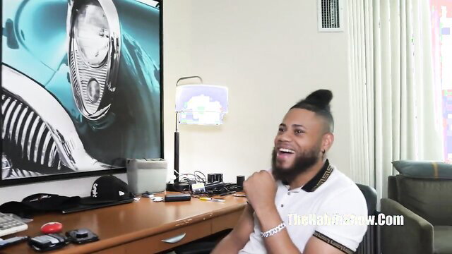 Jadynn Stone smiling with big butt, black model Artemis in room