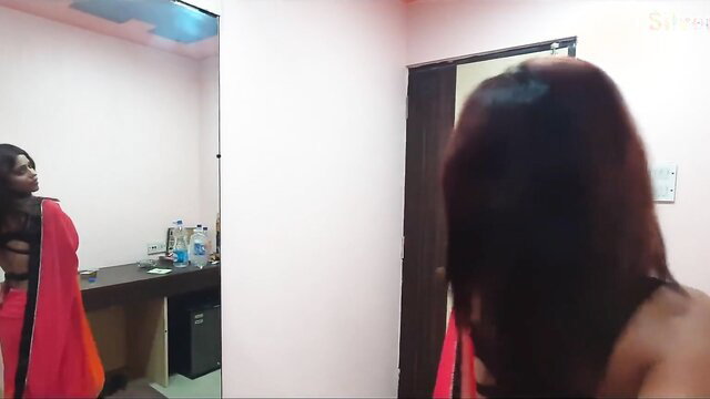 Mystudio07 hot Indian wife in red saree back view before taboo wedding bang