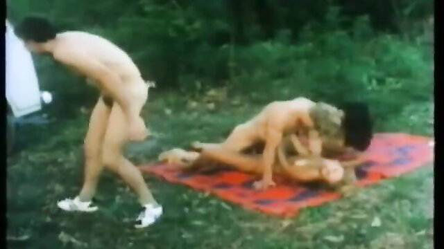 Retro threesome orgy on picnic blanket with hairy pussy doggystyle
