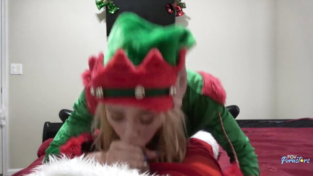 Anastasia Knight elf cosplay blowjob for Santa helper handjob