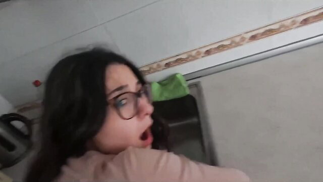 Curvy teen with glasses shocked in kitchen sex with roommate