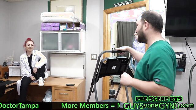Johnny Cartel redhead nurse in lab coat at gyno exam BTS