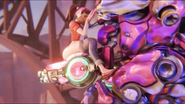 D.Va rides her pink mech in Overwatch hentai cosplay fuck