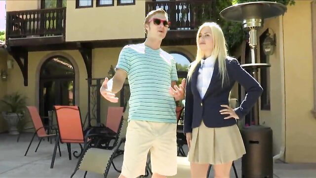 Jessie Volt in schoolgirl skirt with man outdoors, Syren De Mer Moms Lessons