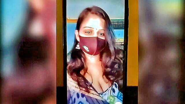 Telugu Indian aunty video call dirty talk, showing cleavage in mask