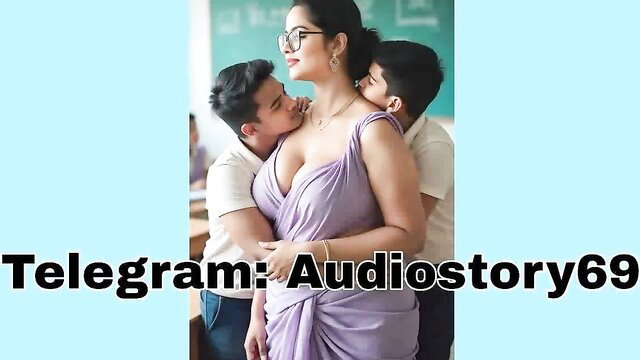 Indian busty teacher in purple dress groped by two college boys