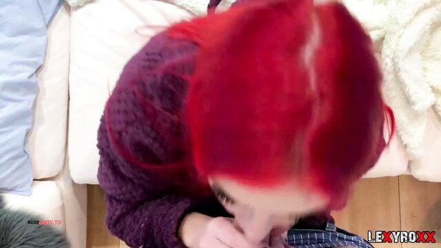 LexyRoxx redhead in purple sweater gives blowjob on couch