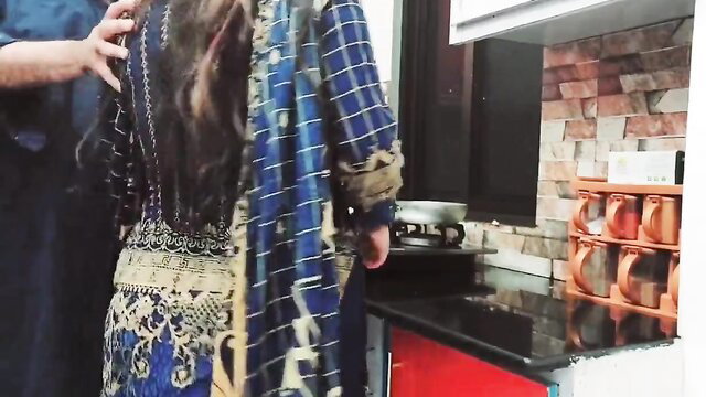 Desi hotwife in blue shalwar kameez grabbed from behind in kitchen tease
