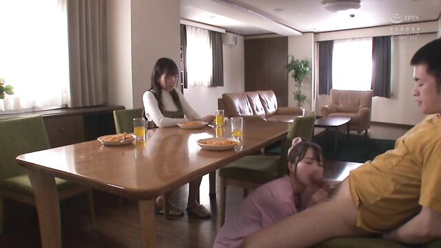 Step sisters Matsumoto & Shiraishi blowjob under table while parents eat