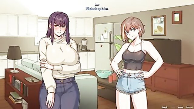 Two busty anime girls in kitchen, one purple-haired sweater, one brown-haired crop top shorts