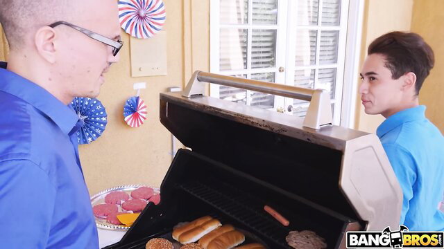 Juan Loco & man at BBQ grill in BangBros threesome with Monique Alexander, Adria Rae