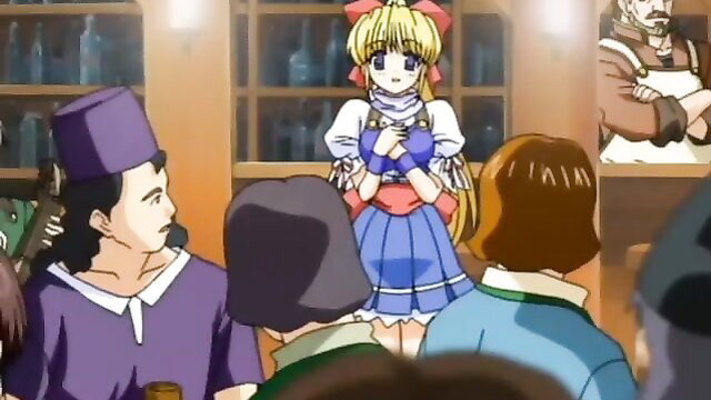 Blonde anime princess in blue dress surrounded by men in Princess Holiday hentai