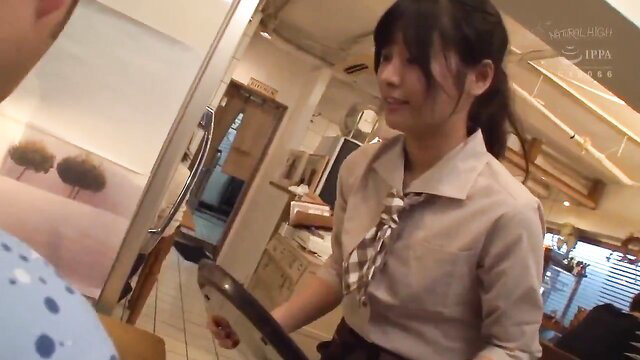 Asian coffee shop waitress with big tits and ass in uniform