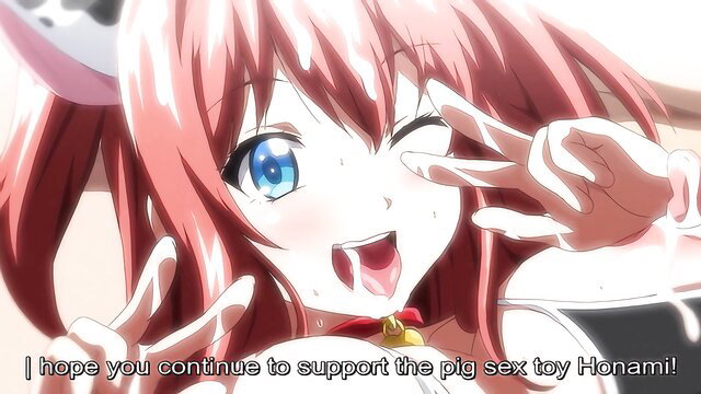 Anime girl Honami with pink hair, cow bikini, peace signs, ahegao face