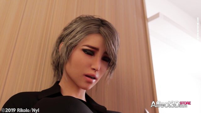 Grey-haired Asian woman in suit from Ebony Nurse futanari 3D animation