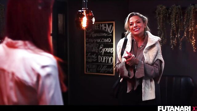Flirtatious blonde Shalina in chic cardigan smiles seductively at cafe