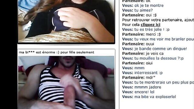ChatRoulette teen teases with tits out, guy stroking cock on cam