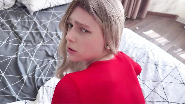 Slim busty blonde babe in red top waking stepbro with hot BJ invite