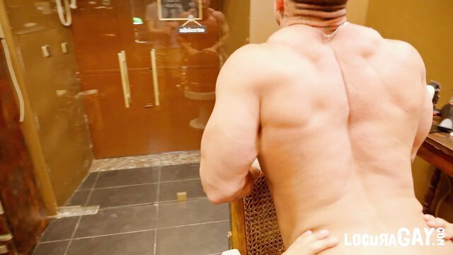 Muscular Martín Mazza naked back grabbed by hand near shower