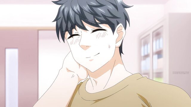 Cute anime boy with gray hair smiling in steamy monster hentai thumbnail