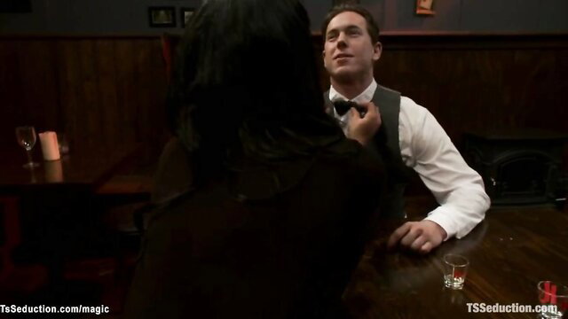 Asian tgirl seduces bartender in bar, grabs his tie intimately