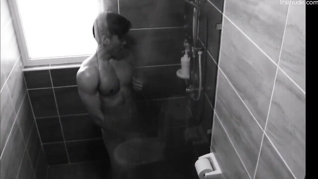 Handsome Vietnamese electrician showering nude, muscular body exposed
