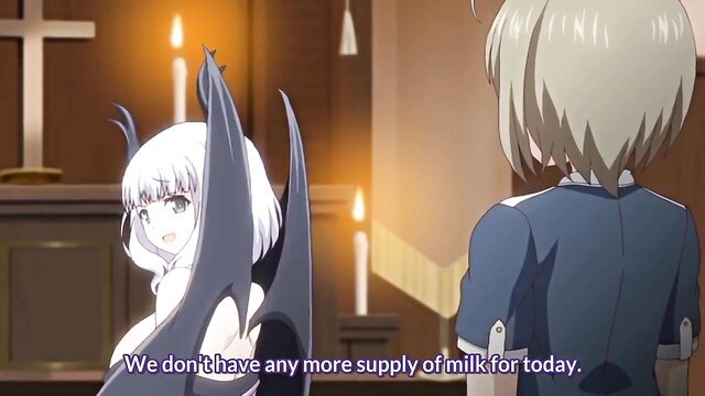 Anime girl with white hair demon wings tells blonde girl no more milk supply today