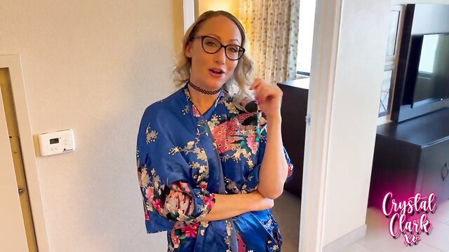 Blonde bombshell Crystal Clark in sexy blue kimono robe teases