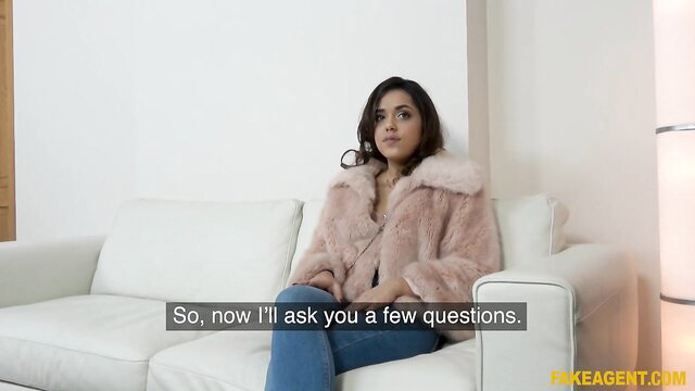 Petite brunette Esperanza Del Horno in fur jacket on FakeAgent casting