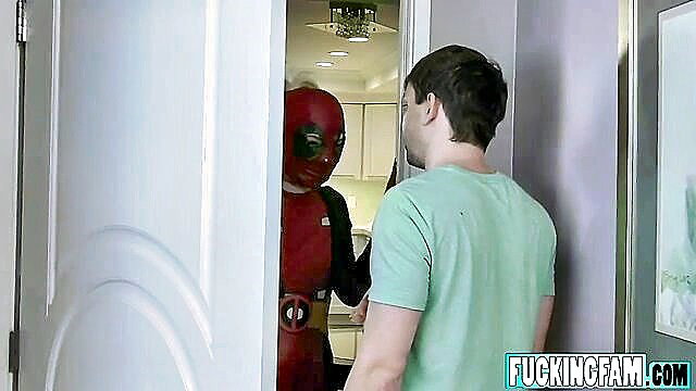Bella Rose as Deadpool stepsister at door with guy, hot cosplay tease